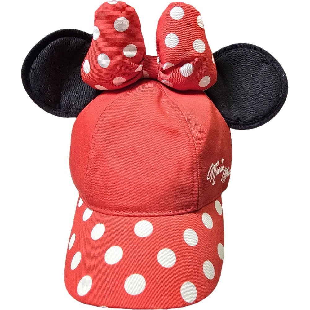 Disney Parks Minnie Mouse Polka‎ Dot Bow Ears Red Youth Baseball Cap Hat 54–57cm - Picture 2 of 6